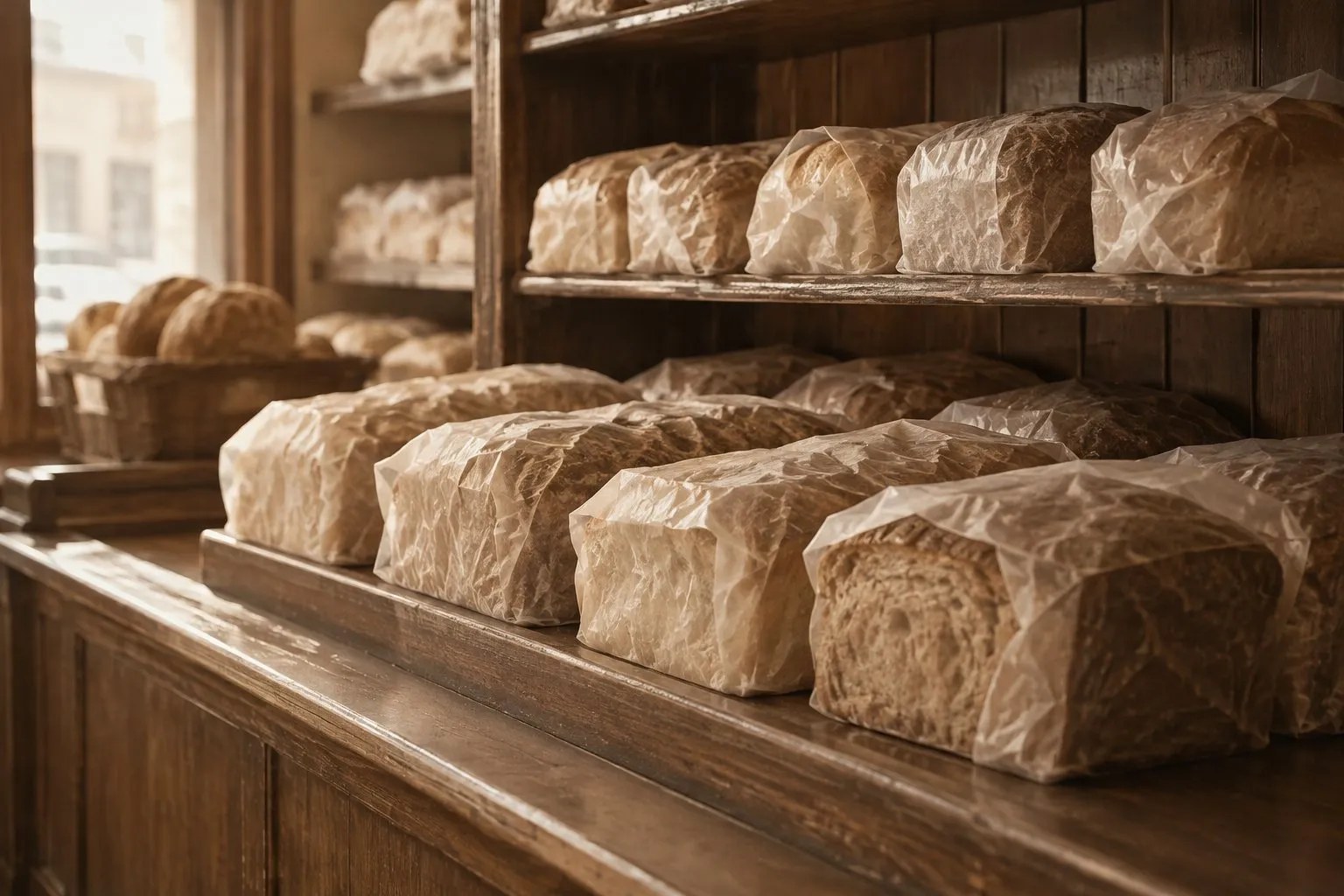 Illustrative image: old-fashioned bakery shelves in sepia tones with rows of wrapped loaves