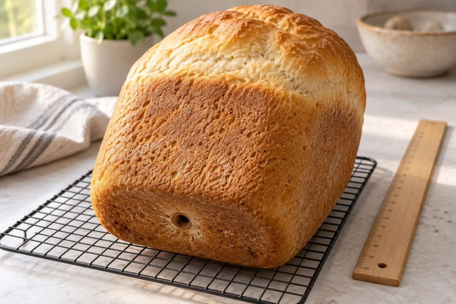 Tall, square homemade loaf with a small paddle hole in the bottom crust on a wire cooling rack, a wooden ruler beside it