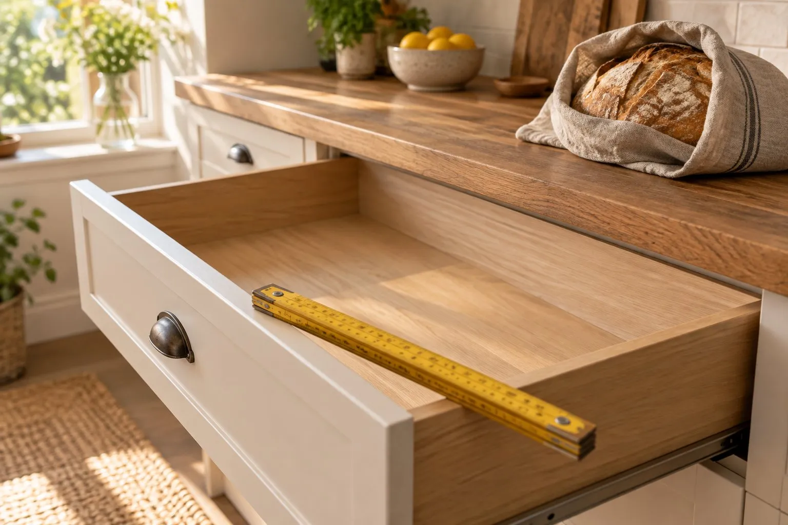 Empty kitchen drawer pulled open with a yellow folding ruler across it