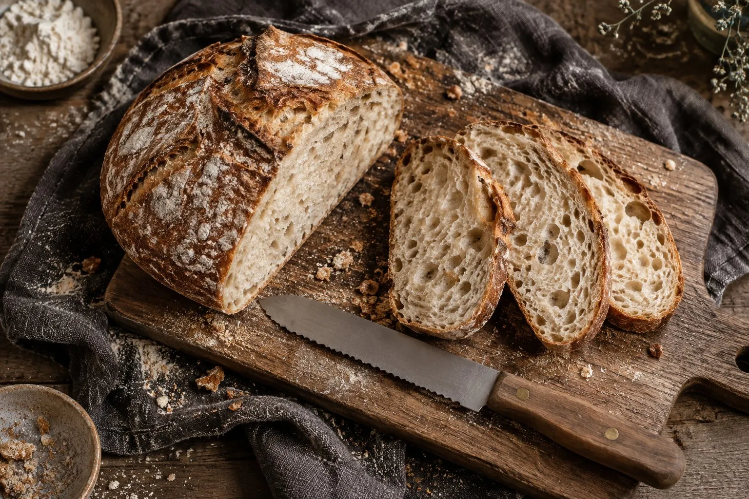 Overhead view of a halved country loaf, three slices and a plain serrated bread knife on a wooden board
