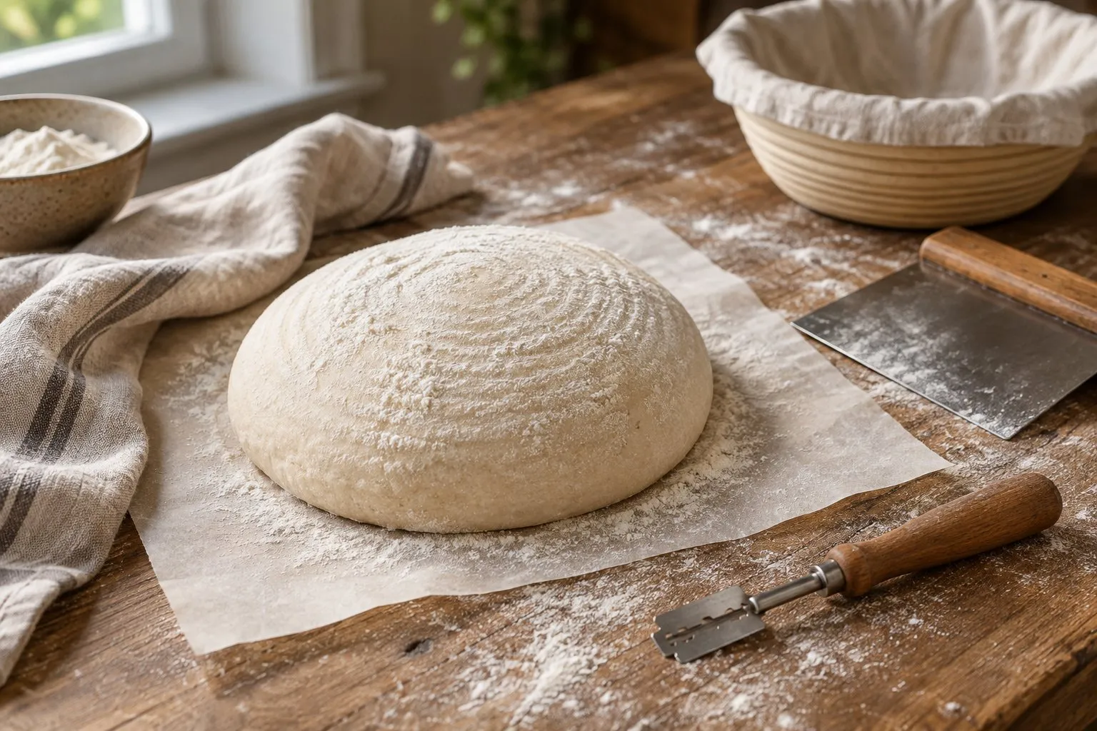 Round of floured bread dough with a razor scoring tool, a bench scraper and a proofing basket – baking tools, not bread slicers