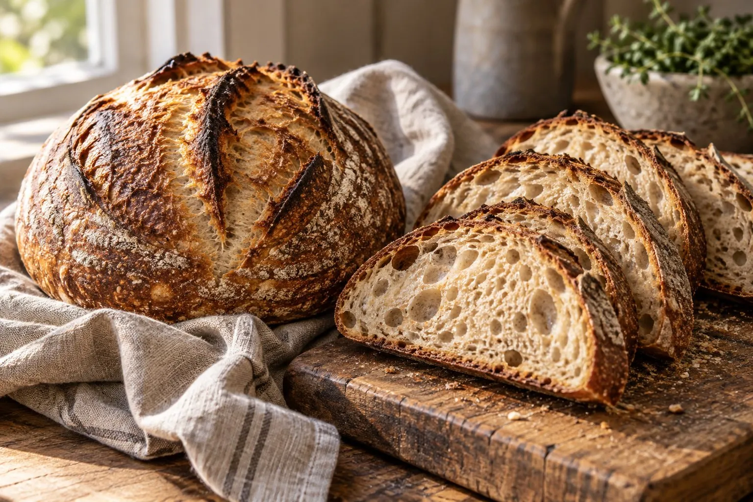 Round sourdough loaf with a dark, scored crust on a linen towel, next to a row of slices with an open crumb on a worn wooden board