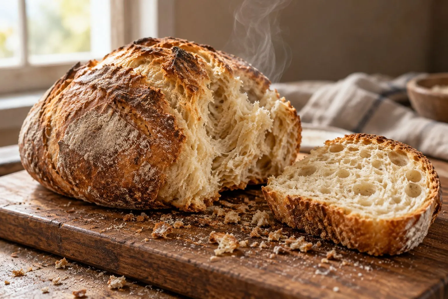 Crusty loaf with a torn, ragged end and steam rising from the warm crumb, next to one cleanly cut slice and scattered crumbs on a wooden board